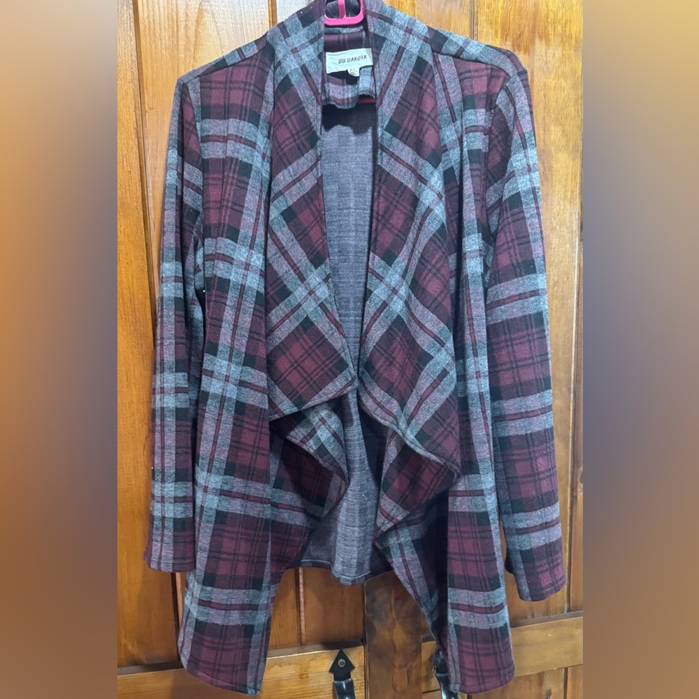 BB Dakota Burgundy and Gray Plaid Cardigan